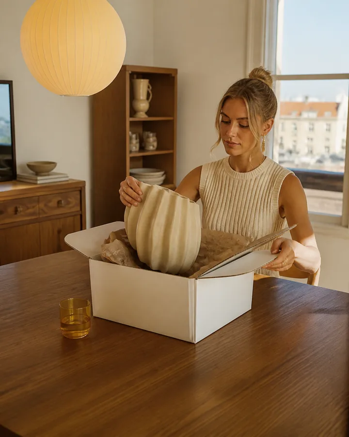 A lifestyle creator unboxing a sculptural home product in a warm apartment